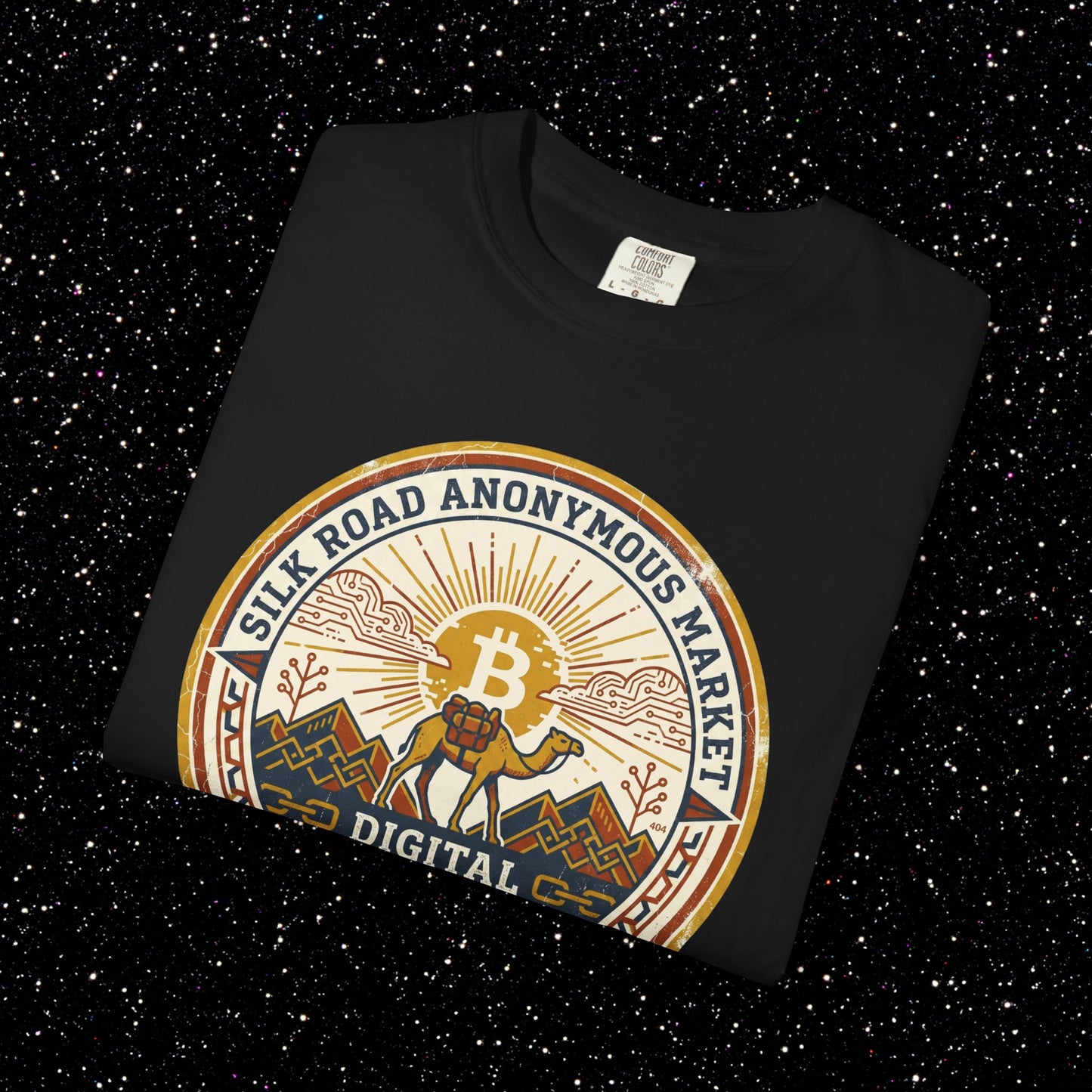 Vintage Silk Road Anonymous Market Bitcoin Camel Badge T-Shirt | Retro Crypto Apparel