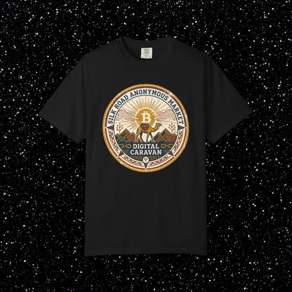 Vintage Silk Road Anonymous Market Bitcoin Camel Badge T-Shirt | Retro Crypto Apparel