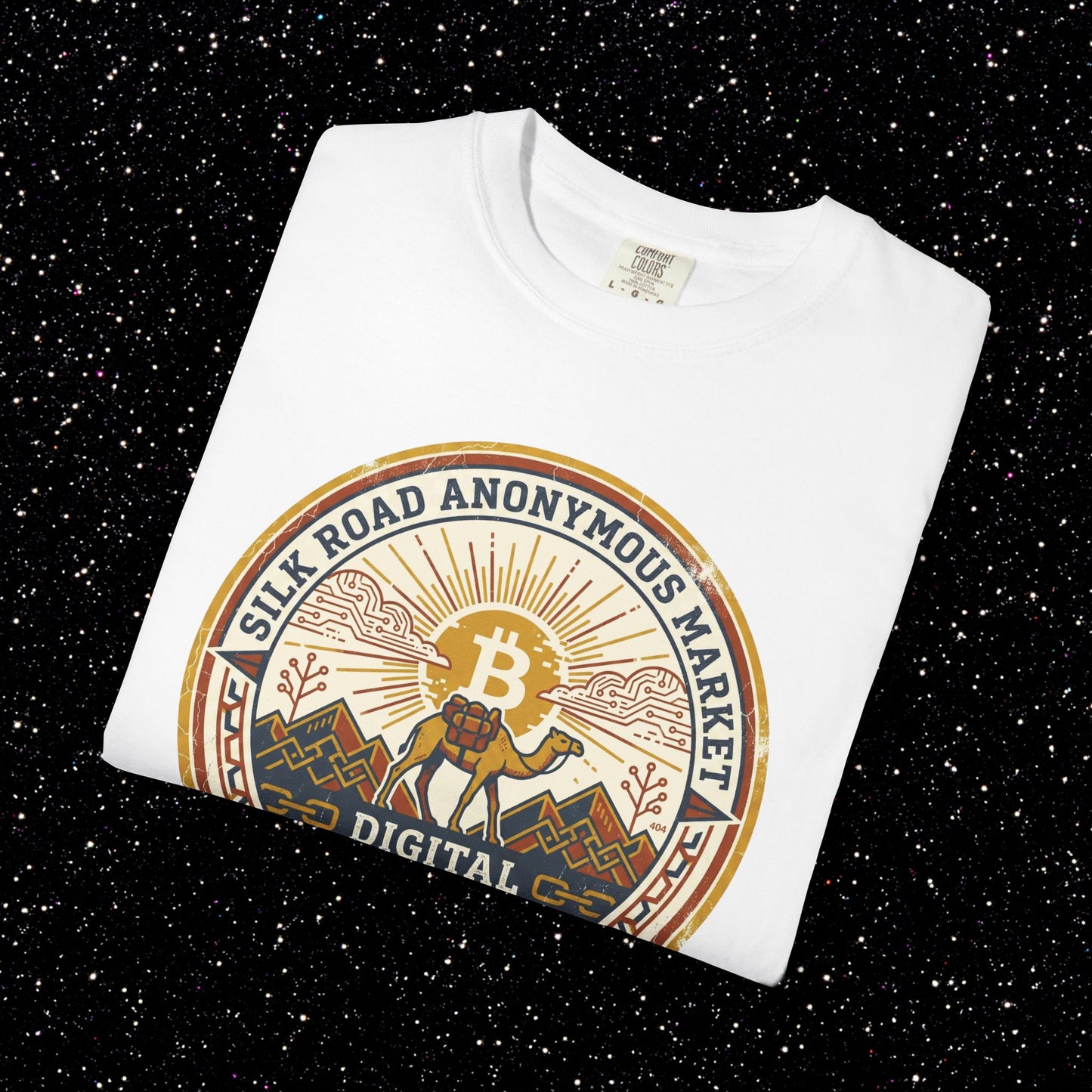 Vintage Silk Road Anonymous Market Bitcoin Camel Badge T-Shirt | Retro Crypto Apparel