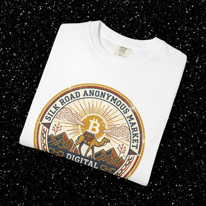 Vintage Silk Road Anonymous Market Bitcoin Camel Badge T-Shirt | Retro Crypto Apparel