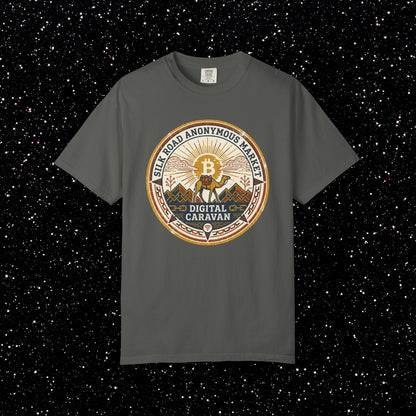 Vintage Silk Road Anonymous Market Bitcoin Camel Badge T-Shirt | Retro Crypto Apparel