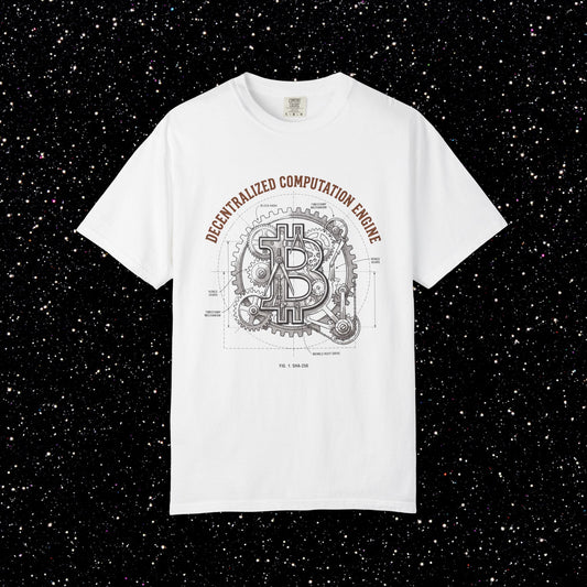 Decentralized Computation Engine Bitcoin T-Shirt | Mechanical BTC Blueprint Tee