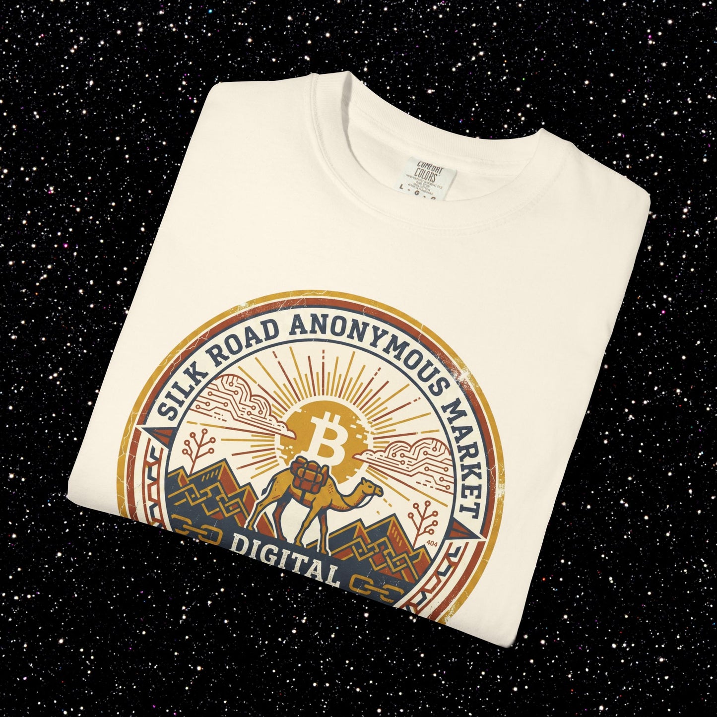 Vintage Silk Road Anonymous Market Bitcoin Camel Badge T-Shirt | Retro Crypto Apparel