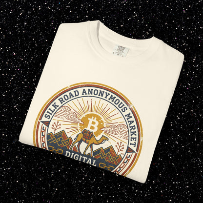 Vintage Silk Road Anonymous Market Bitcoin Camel Badge T-Shirt | Retro Crypto Apparel