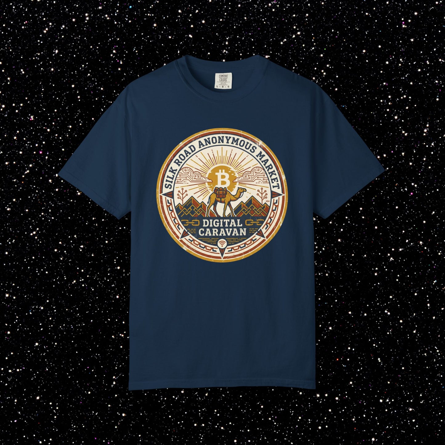 Vintage Silk Road Anonymous Market Bitcoin Camel Badge T-Shirt | Retro Crypto Apparel