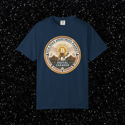 Vintage Silk Road Anonymous Market Bitcoin Camel Badge T-Shirt | Retro Crypto Apparel