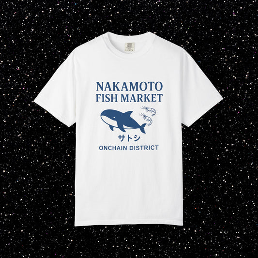 Nakamoto Fish Market T-Shirt – Onchain District Whale Tee (サトシ)