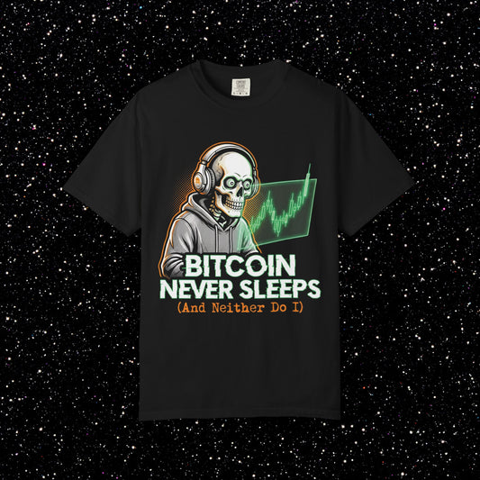 Bitcoin Never Sleeps T-Shirt | Late Night BTC Trader Graphic Tee