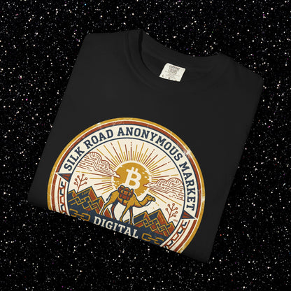 Vintage Silk Road Anonymous Market Bitcoin Camel Badge T-Shirt | Retro Crypto Apparel