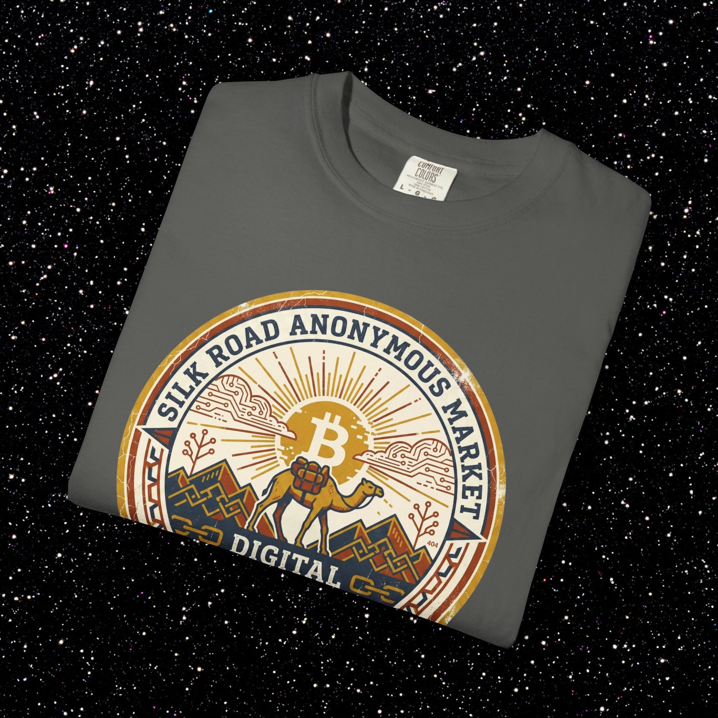 Vintage Silk Road Anonymous Market Bitcoin Camel Badge T-Shirt | Retro Crypto Apparel