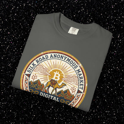 Vintage Silk Road Anonymous Market Bitcoin Camel Badge T-Shirt | Retro Crypto Apparel
