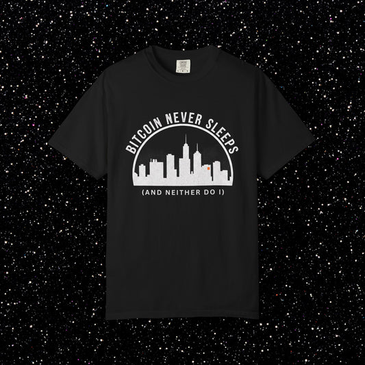 Bitcoin Never Sleeps T-Shirt | Late Night Bitcoin Skyline Tee