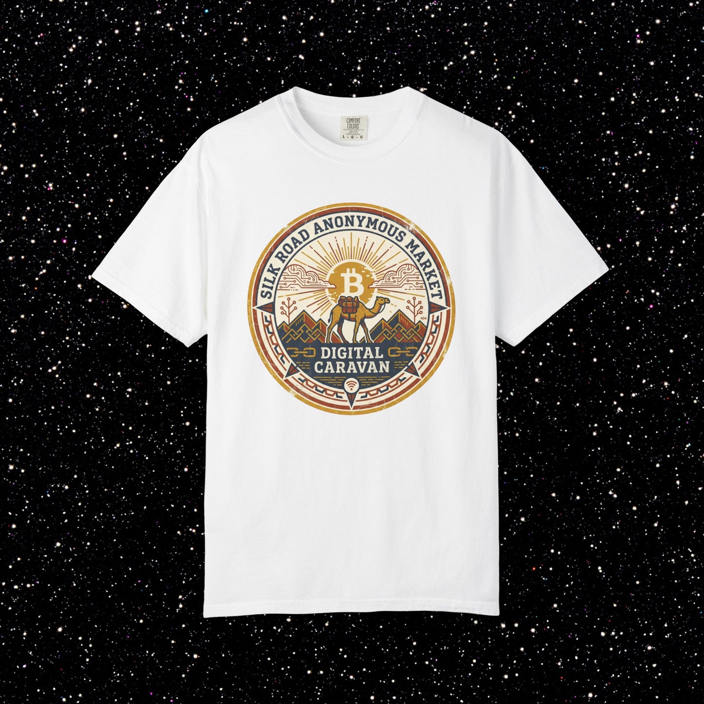 Vintage Silk Road Anonymous Market Bitcoin Camel Badge T-Shirt | Retro Crypto Apparel