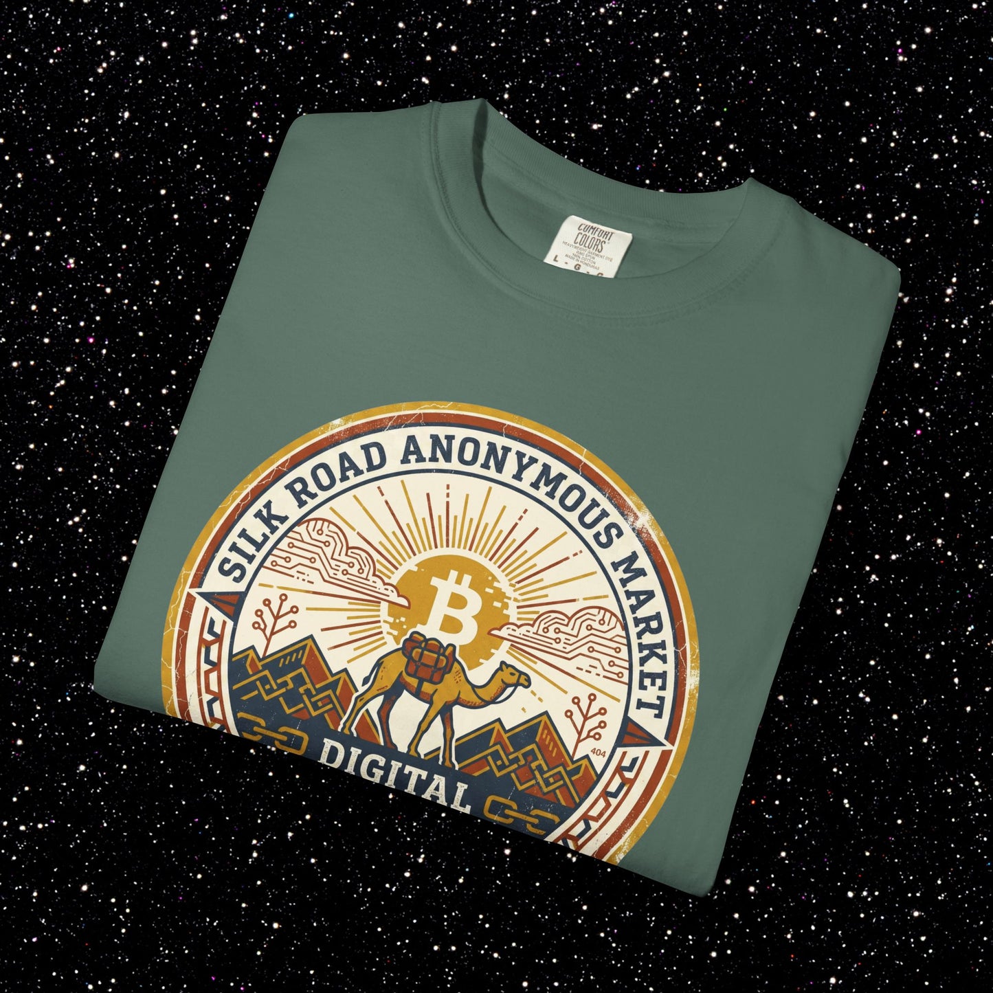 Vintage Silk Road Anonymous Market Bitcoin Camel Badge T-Shirt | Retro Crypto Apparel