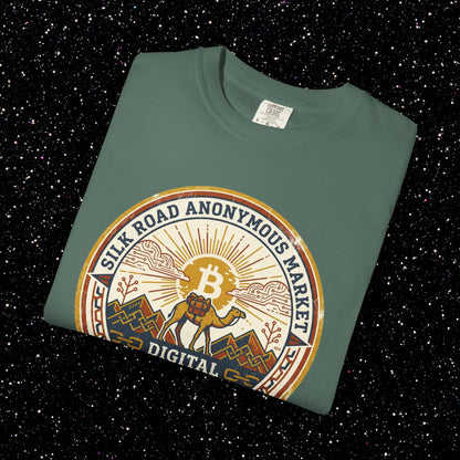 Vintage Silk Road Anonymous Market Bitcoin Camel Badge T-Shirt | Retro Crypto Apparel