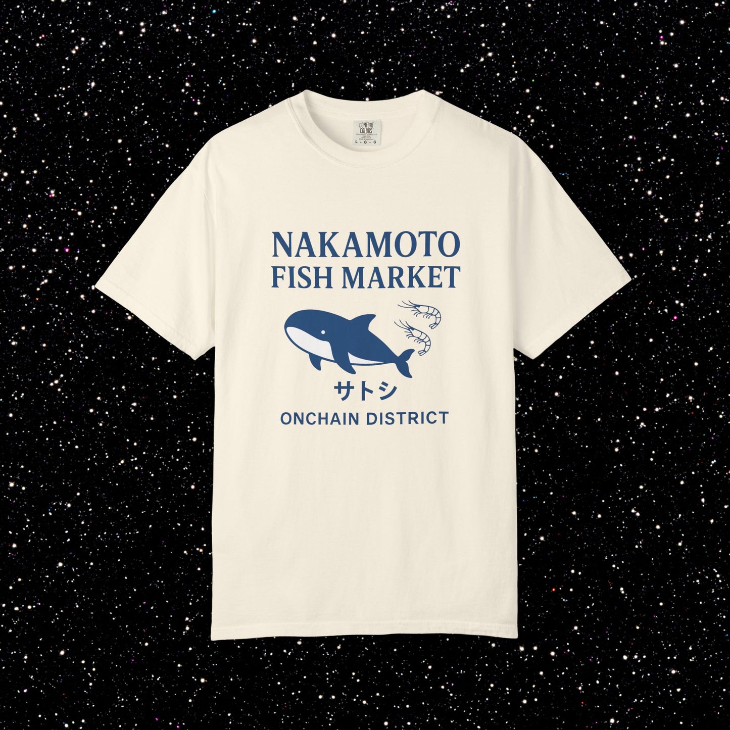Nakamoto Fish Market T-Shirt – Onchain District Whale Tee (サトシ)
