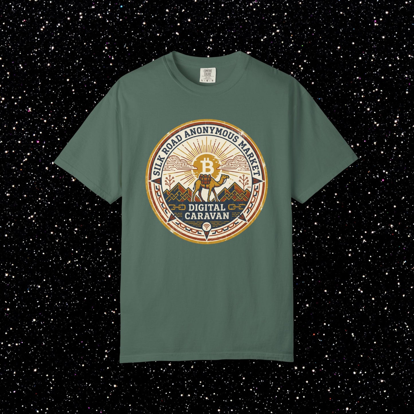 Vintage Silk Road Anonymous Market Bitcoin Camel Badge T-Shirt | Retro Crypto Apparel