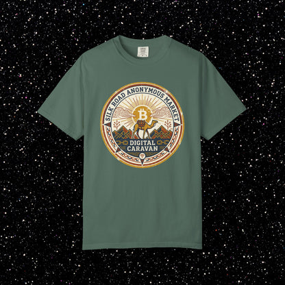 Vintage Silk Road Anonymous Market Bitcoin Camel Badge T-Shirt | Retro Crypto Apparel