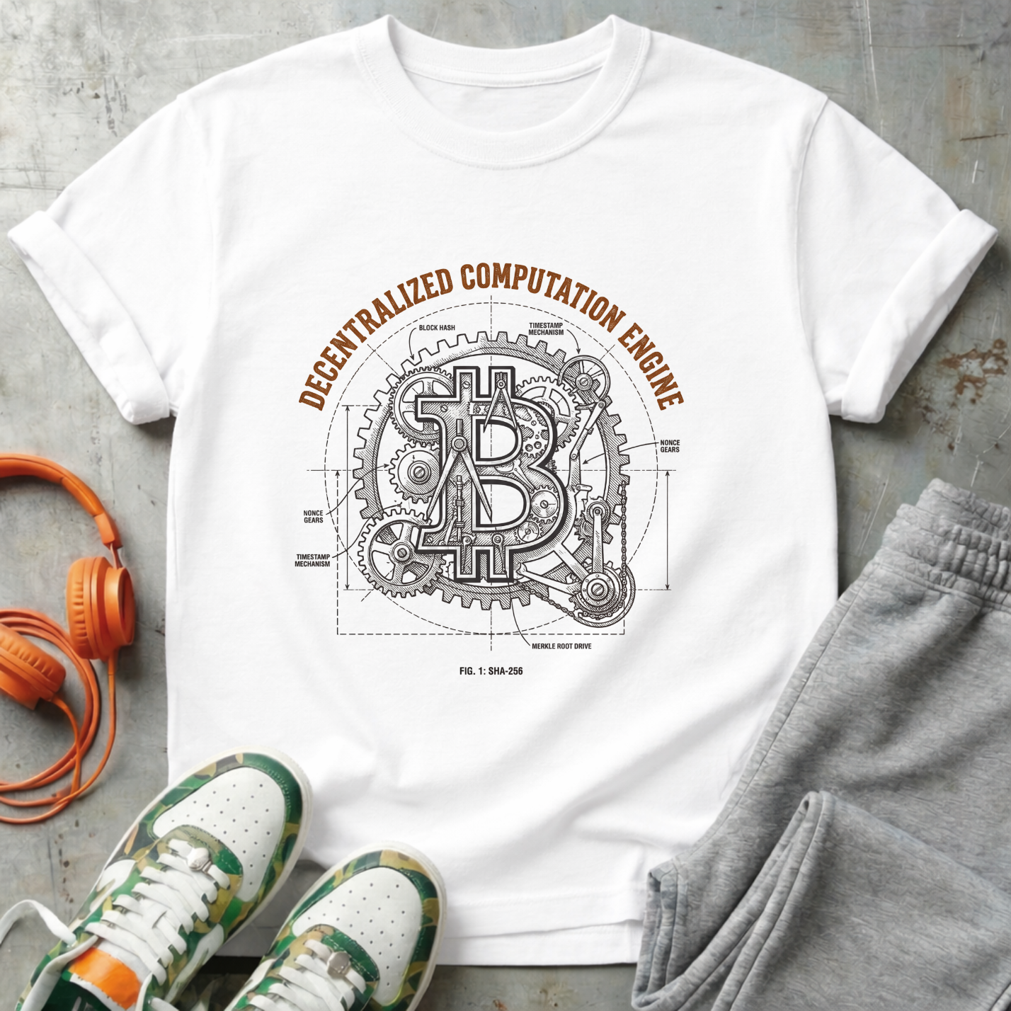 Decentralized Computation Engine Bitcoin T-Shirt | Mechanical BTC Blueprint Tee