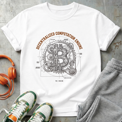 Decentralized Computation Engine Bitcoin T-Shirt | Mechanical BTC Blueprint Tee