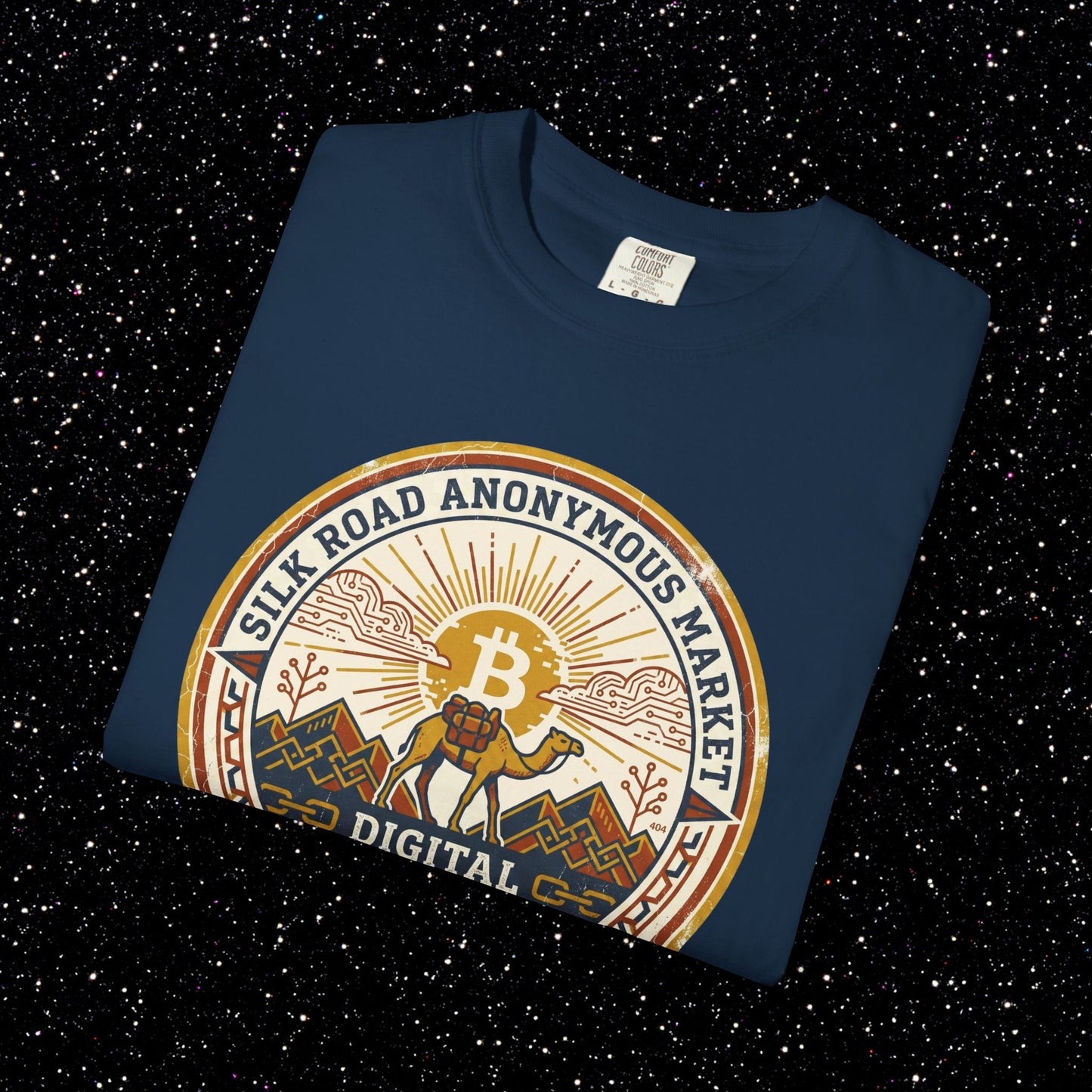 Vintage Silk Road Anonymous Market Bitcoin Camel Badge T-Shirt | Retro Crypto Apparel