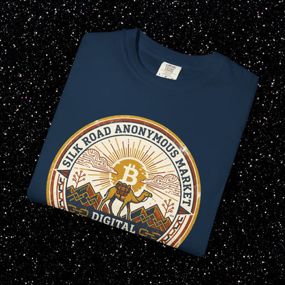 Vintage Silk Road Anonymous Market Bitcoin Camel Badge T-Shirt | Retro Crypto Apparel