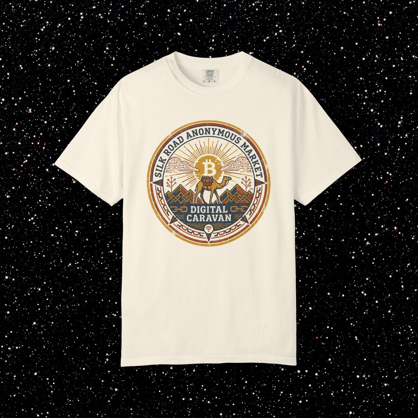 Vintage Silk Road Anonymous Market Bitcoin Camel Badge T-Shirt | Retro Crypto Apparel