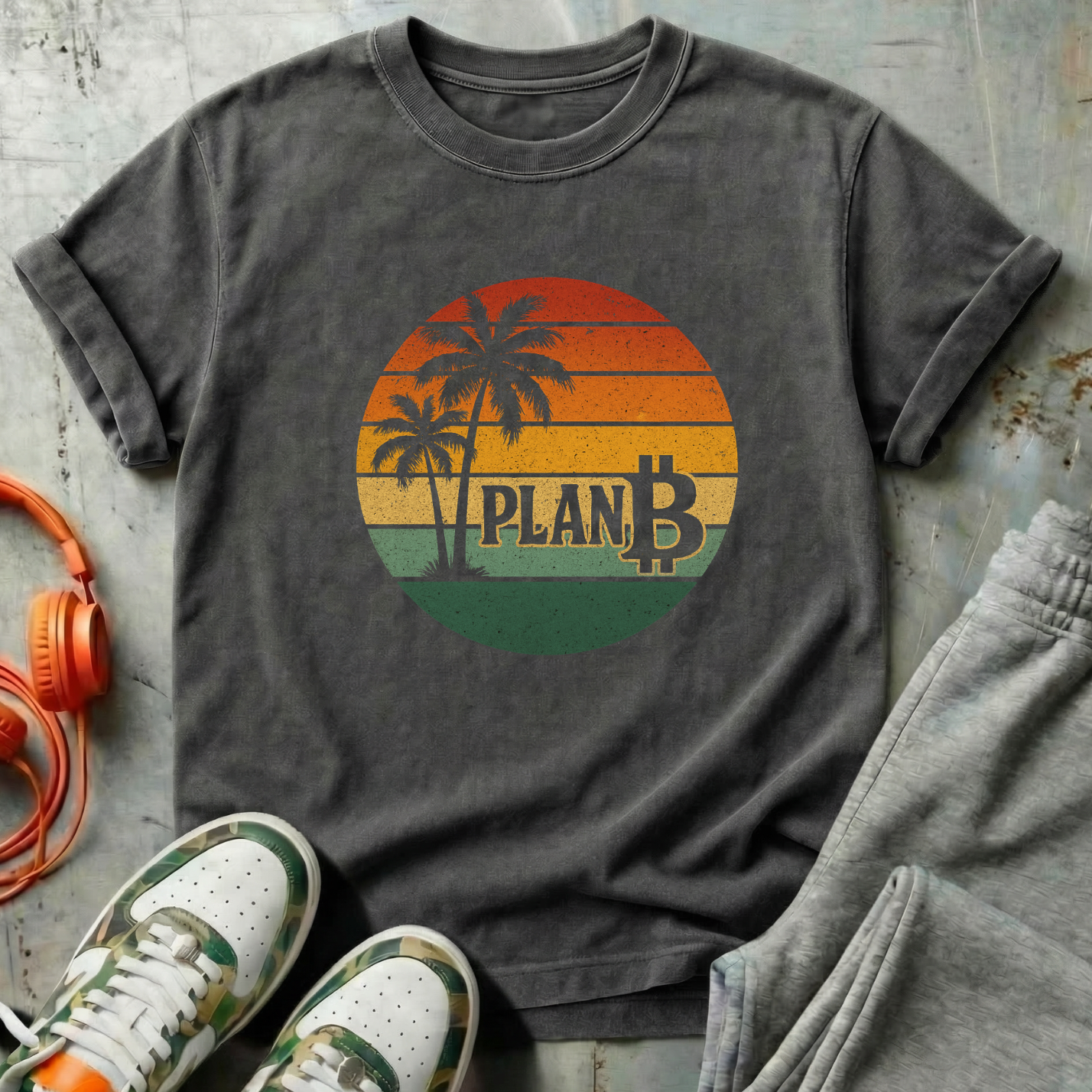 Plan ₿ - Retro Sunset and Palm Trees Comfort Colors Tee Shirt