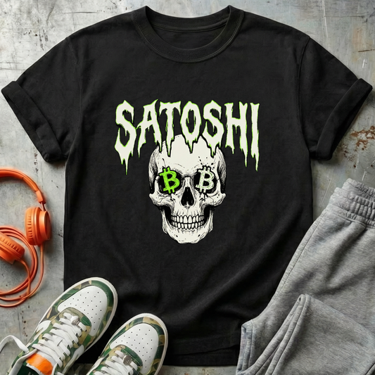 Satoshi Skull T‑Shirt – Gothic Crypto Bitcoin Graphic Tee