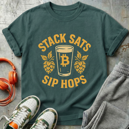 Stack Sats Sip Hops Bitcoin Tee